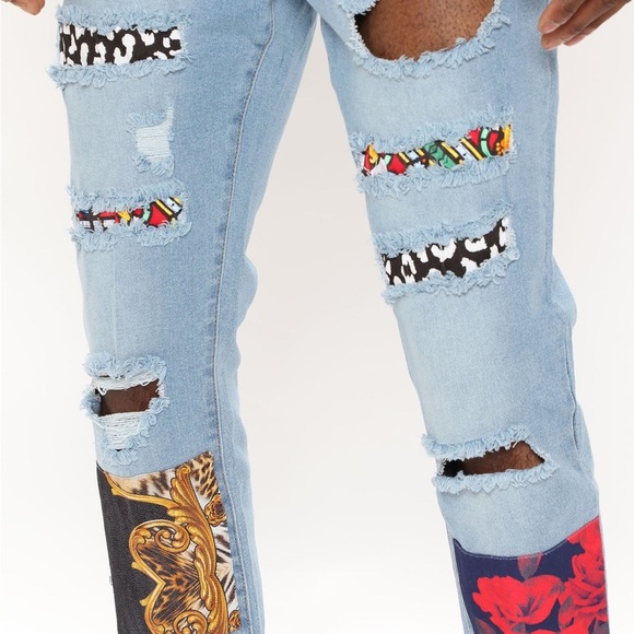 Fashion Nova Men Medium Wash Blue Big Time Patchwork Skinny Jeans Size 38 - Picture 4 of 13